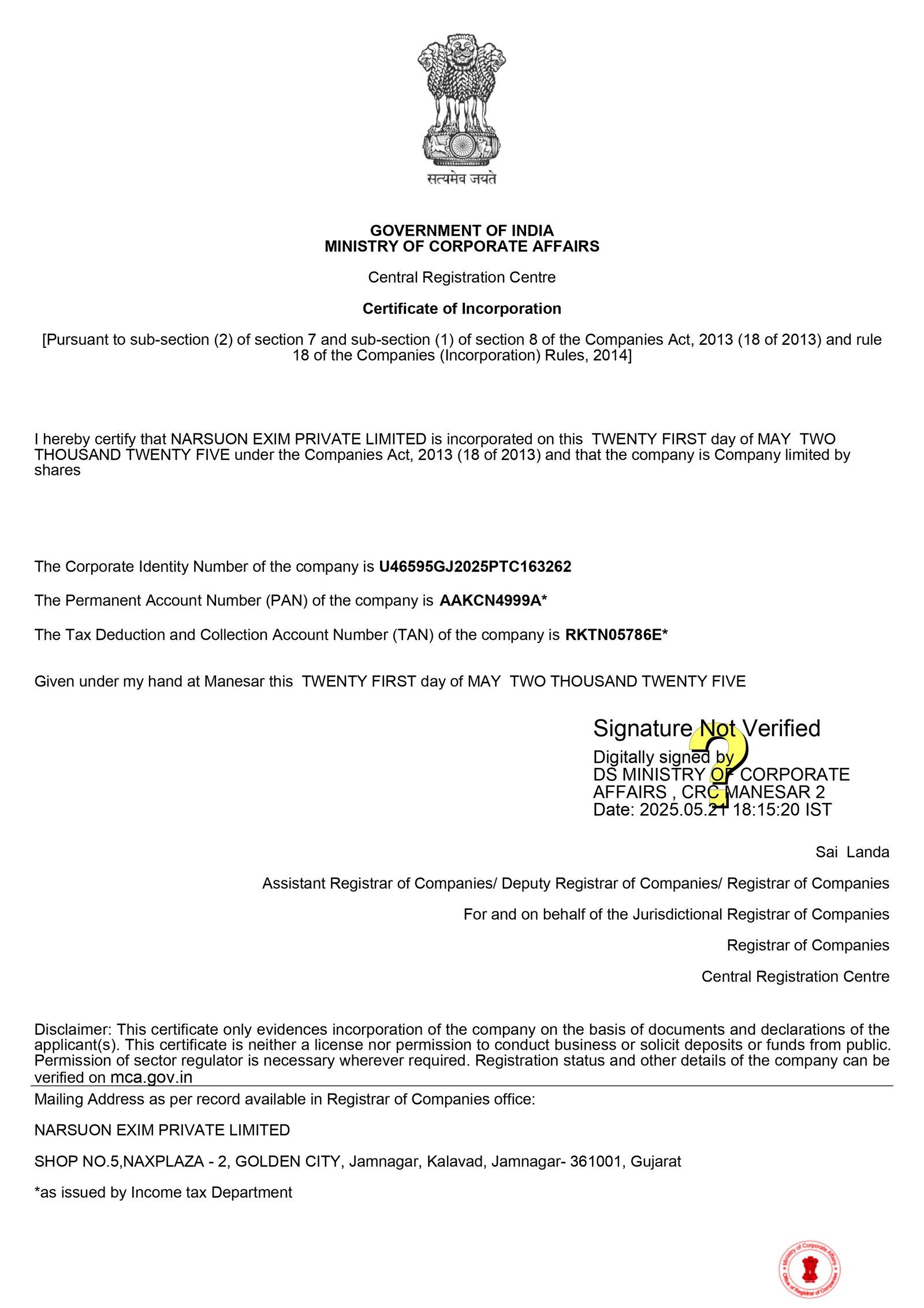 Certificate of Incorporation Scan